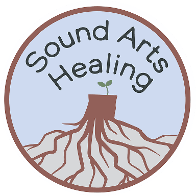 A circular logo with the words "Sound Arts Healing" surrounding a tree stump with a small green sprout and visible roots on a light blue background.