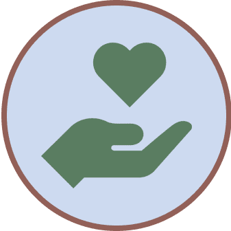 A simple icon of a hand with a heart floating above it, enclosed in a circular border.