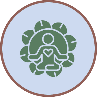 Line drawing of a person meditating with a heart on their chest, sitting in front of a lotus flower, inside a circular border.